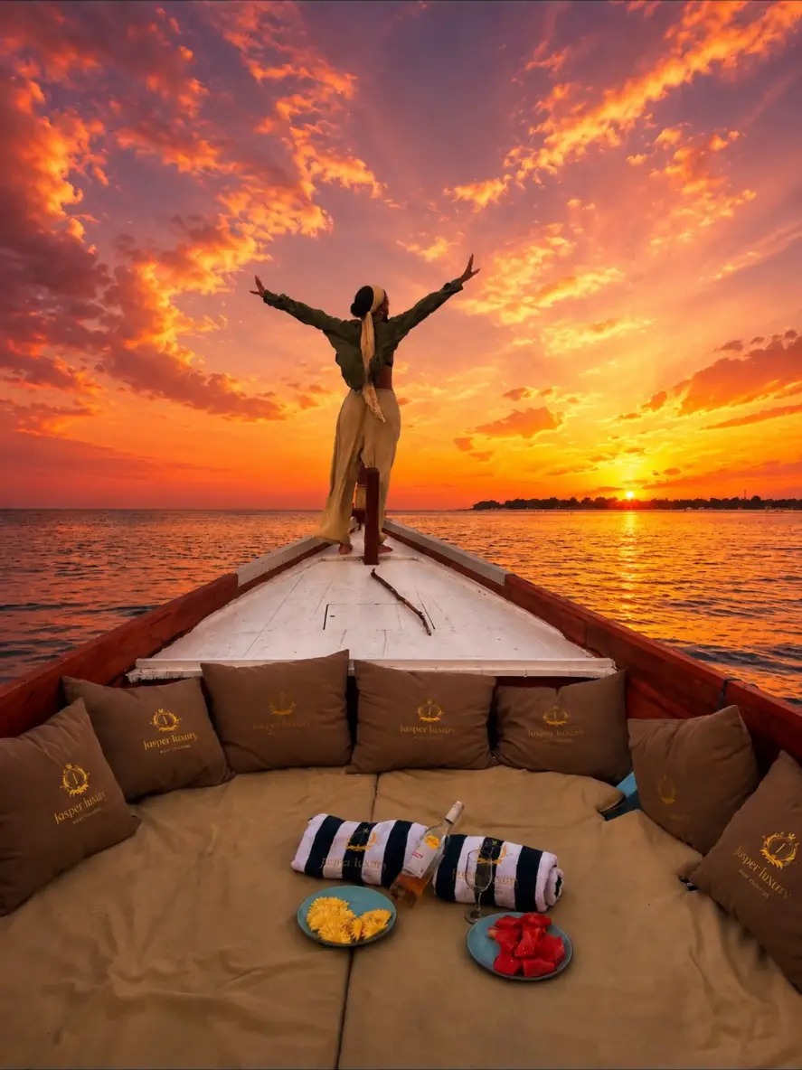Guest standing on the bow of the Jasper luxury boat at sunset in the Gili Islands